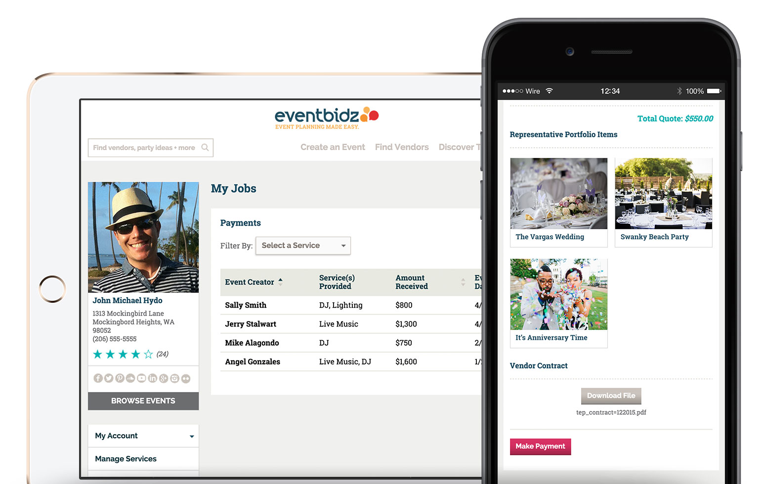 Screenshot of the My Jobs section of the event vendor account and screenshot of the interface for submitting payments to vendors for event organizers