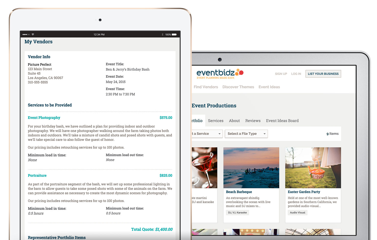 Screenshot of the vendor search and screenshot of a bid submitted for event services on the EventGenius website